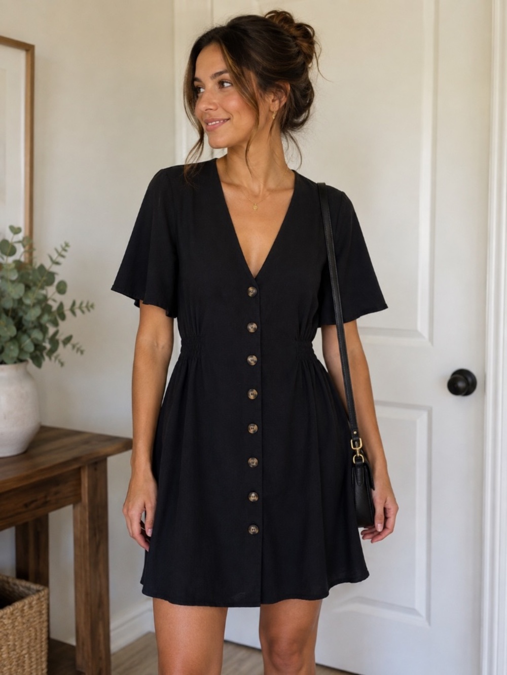 Zara Dark Navy Blue V Neck Button Front Flutter Sleeve Smocked Waist Mini Dress